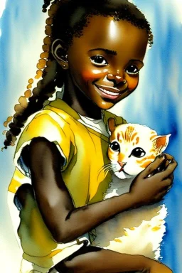 A cute smiling light brown skin african girl is holding a kitten. Watercolour