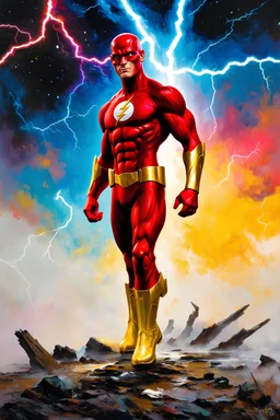 the Flash with gold boots, oil on canvas, extremely colorful, foggy in the foreground, multicolored lightning and outer space in the background, in the art style of Frank Frazetta