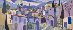 A light purple medieval village covered in paint in art deco style painted by Pablo Picasso