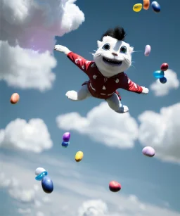 Ultra realistic speed clouds sky scene, wide angle view, child falling down with many Children background, inflatable monsters, circus dress style, feather color, free jumping flying, many trinkets, hair monster, many jelly beans, balls, color smoke, smile, happy, extreme, wind, clouds sea, 20,000 feet altitude, stratosphere, soft color, highly detailed, unreal engine 5, ray tracing, RTX, lumen lighting, ultra detail, volumetric lighting, 3d, finely drawn, high definition.