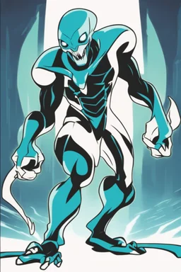 This new alien from the Ben 10 cartoon looks like an alien with an advanced and amazing appearance. He is distinguished by his slender and flexible body, which indicates his high alien capabilities. His skin appears light blue, adding to his feral character