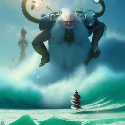 Santa surfing a big wavew. character design by cory loftis, fenghua zhong, ryohei hase, ismail inceoglu and ruan jia. unreal engine 5, artistic lighting, highly detailed, photorealistic, fantasy