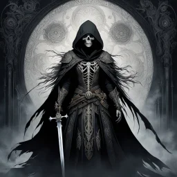 feature two central characters: a skeletal, death-like figure wearing a dark, hooded cloak, armed with swords, and adorned with intricate mechanical designs, and a pale, ghostly woman with flowing hair, wearing a tattered garment, who appears frightened or desperate. Ensure both characters are prominent and interact within the composition, capturing the contrast between the menacing, skeletal figure and the ethereal, ghostly woman.