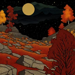 Autumn colors, peaceful, Egon Schiele, Max Ernst, Vincent Van Gogh, silver rust gradient, night sky filled with galaxies and stars, rocks, trees, flowers, one-line drawing, sharp focus, 8k, deep 3d field, intricate, ornate