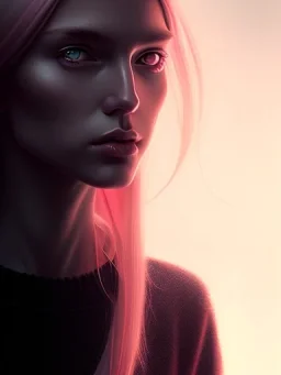 girl angry, beautiful, cute, bloody, long pink hair, black sweater, by Greg Rutkowski