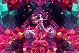 very complex structure ,pretty color environment 3d diamond recursive animating beveled geometric base very complex structure emiting mirror bubbles that broke, goddess lady in a pretty cleric dress comes out dancing gracefully , viberating color moving very in modern city escape environment while camera tracking it.