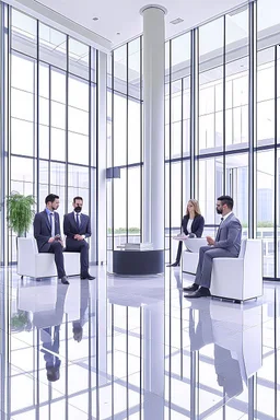 people meeting virtually in a bank lobby