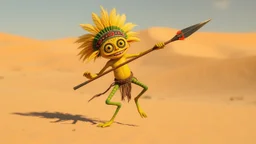 a funny little creature that dance in a desert, the creature is yellow and green, have big eyes and long legs, he likes to dance and jump with his spear, he ls little evil and likes to scream "Musta", and have a big mouth sharp teeth, small penis, tribal look, head dress with feathers