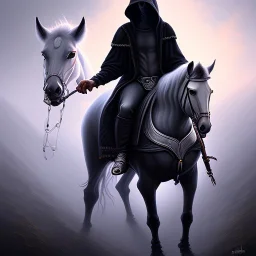 portrait of grim reaper with hoodie and horse, oil painting and spray