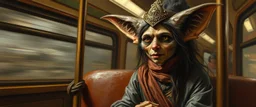 master oil painting by Rembrandt, scary ai sami grey fox gremlin woman on buss , motion blur background