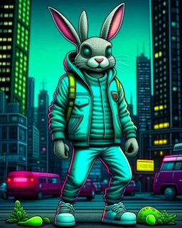 Conejo alienígena antropomorfico con chaqueta, Jens, tennis y gorra en la ciudad, full body, arte cómic, calidad ultra, hiperdetallado, maximalista, increíble obra de arte, 12k