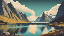 Norwegian fjord mountains desktop image beautiful artistic vintage poster in the style of national park posters clouds colorful graphic design based on Lofoten small village