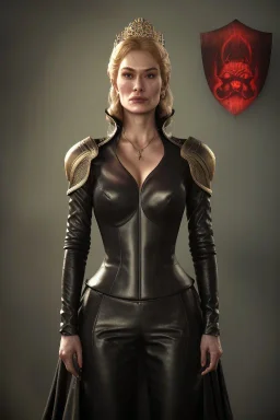 Cersei Lannister as evil queen in black leather, busty, cleavage, curvy, lena headay, angry, stern look. character design by cory loftis, fenghua zhong, ryohei hase, ismail inceoglu and ruan jia. unreal engine 5, artistic lighting, highly detailed, photorealistic, fantasy