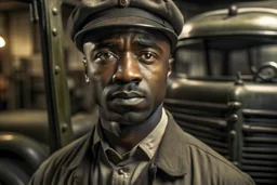 ww1 black driver talking close-up standing up looking to the camera, garage background, normal color pallete