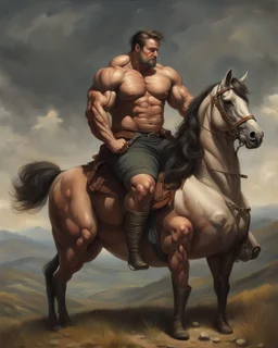 a big muscle man sitting on a horse in hills like a 19th painting