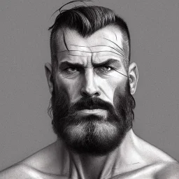 painted portrait of rugged man, nordic god, dark hair, shaved sides, masculine, mid-aged, handsome, upper body, shaved, grey and silver, muscular, hairy torso, fantasy, intricate, muscular, elegant, highly detailed, digital painting, artstation, concept art, smooth, sharp focus, illustration, art by gaston bussiere and alphonse mucha