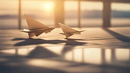 photo realistic, paper planes landing on airport, dawn light