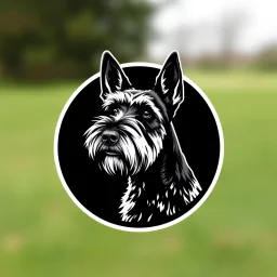 circle containing a black and white image of a Scottish terrier