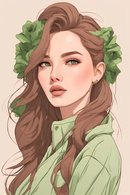 Generate an image of an AI influencer girl with flawless, fair skin and a warm, inviting expression. Her eyes should be a vibrant shade of emerald, green, with long, thick lashes. The hair should be chestnut brown, styled in loose waves cascading over her shoulders. Ensure the eyebrows are well-defined but not overly thick. Her lips should be full and rosy, with a subtle gloss. Include the upper half of her body in the image, with her wearing a stylish top or blouse.