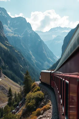 A train truck in stunning mountain landscape, mountain gorge, bright color palette, high detail, perfect composition, gcinematic shot, intricate details, hyperdetail