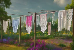 Beautiful lace pants of different colours drying on a clothesline in a flower garden, centre, bold colours elegant fantasy 8k beautiful dynamic lighting award winning imperial colors hyperrealistic ultra detailed 4K 3D high definition crisp quality colourful hdr, backlit, in sunshine