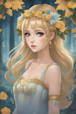 Anime girl with ocean blue eyes and golden hair, princess dress and flowers on her head, haunted forest in the background