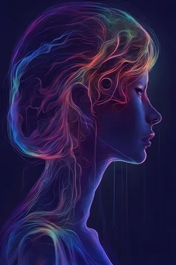 Ultra detailed illustration of a woman silhouette , phantasmagorical figure, ((ghostly)) (((translucent:1.5))), (((translucent creature:1.5))), art by Mschiffer, neon lights, light particles, colorful, iridescent colors, strong backlit, back lights