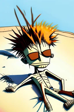 2d drawing of a stickman, cool with punk hair, x eyes like in hangman, no shirt, swim pants, laying down, tanning in the sun, 3d realistic in colour