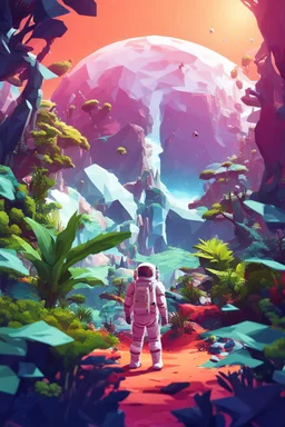 (((close midshot))), (((low poly art:2))), (astronaut), ultra detailed illustration of an environment on a dangerous:1.2 exotic planet with plants and wild (animals:1.5), (vast open world), astroneer inspired, highest quality, no lines, no outlines candid photography. by Lekrot