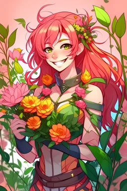 Anime girl with pink and red hair, smiling with a plant themed superhero costume that reveals some skin with flowers in the background, holding a whip with flowers, with a pink mask flowers on it