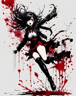 Petit girl goth, jumping pose, fullbody, cry blood, behind guts splashes rising from the ground, illustration by <Yoji Shinkawa>, darkred tones,