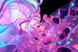 create A picture of hypnotic recursive colored translucent 3D complex structures evolving and morphing, fluid geometry shifting between organic and geometric forms, iridescent glass material with internal glow ,instances must have random translucent material smooth camera orbit, galaxy background, seamless motion, cinematic lighting, generative art style.