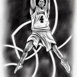 Black and white drawing of a basketball player, slam dunk