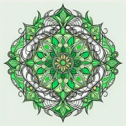 Logo. Mandala style. Round. The logo depicts a mystical botanical motive. Thin lines. Ornament. Rich colors, green