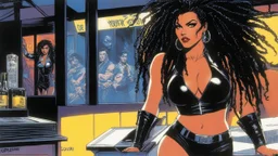Original Art by Howard Chaykin (Vortex Comic, 1988): in the shadows of a a pop rock bar, Sofia Samaha, clad in sexy dark Calzedonia tights, with dreadlocks haircut, she moves with a violent and energetic grace that demands attention. Her gaze meets yours, sending a jolt through your body. You feel a primal attraction, a magnetic pull drawing you towards her. There's a dangerous allure in the air, a sense of unpredictability that both thrills and unnerves you.