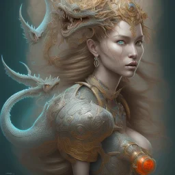 sango fantasy, fantasy magic, intricate, sharp focus, illustration, highly detailed, digital painting, concept art, matte, artgerm and paul lewin and kehinde wiley, masterpiece silver dragon head orange Asain African nice breast Afo woman turquoise waves