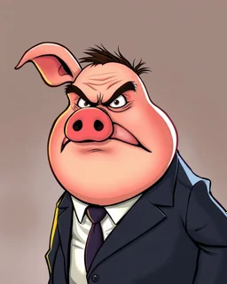 An image of a comic character of Iván Duque Márquez, fat, with a pig's nose and ears, in a suit, a little angry.