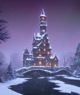 A magical snowy warlock castle with river canals in Christmas time