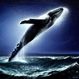 realistic, stunning, gorgeous humpback whale jumping out of turbulent ocean water, milkyway sky, reflective water, 8k resolution, high-quality, fine-detail, detailed matte, illustration, digital art, brian froud, howard lyon, anna dittman, greg rutowski, Life of Pi