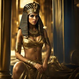 Behold the powerful alluring and pretty egiptian cleopatra, her body adorned with the traditional egiptian costumes, HDR, beautifully shot, hyperrealistic, sharp focus, 64 megapixels, perfect composition, high contrast, cinematic, atmospheric, moody