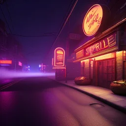 liquor store , street view, night time , unity, scriptable render pipeline , lighting , volumetric , global illumination, fog ,red emission , purple tone.