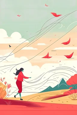 Design a dynamic line art scene with a lady flying kite in a spring sky