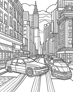 New York City roads coloring page, full body (((((white background))))), only use an outline., real style, line art, white color, clean line art, white background, Sketch style.