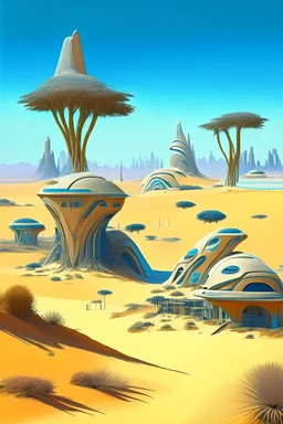 alien buildings, in the desert, surrounded by acacia trees, dunes, pathways, lake, roads, mountains, blue sky