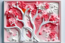 plasticine relief one tall long almond tree blossom abstract white pink and coral flowers