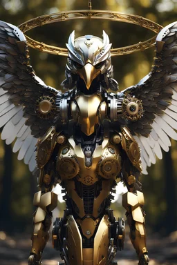 Facing eagle cyborg straddle wings, detailed, intricate, mechanical, gears cogs cables wires circuits, gold silver chrome copper, blurred woodland background, shallow depth of focus, render, cgi, ray-tracing