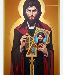 orthodox old icon with saint, patron of photographers. he is holding a camera in one hand and 35mm film in the other. Cyrillic inscriptions are the names of photographic brands. hyperdetailed, Alphonse Mucha, Zdzisław Beksiński, poster, illustration, ink, oil on canvas, 18th century atlas