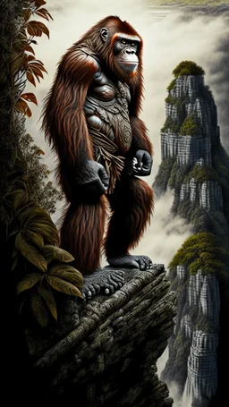 Orangutan Assassin Gothic symmetrical design standing on the edge of a cliff frontal view full body full arms full legs full head full hyper-detailed hyper-realistic ink art full legs 8k