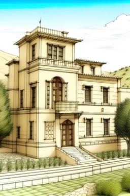 Zeichne mir eine 3 stöckige Villa in kurdistan