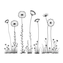 set of growing wind flower on the grace on ground, ONE lineS art, white background, minimalis, different view, only white bakcground solid.